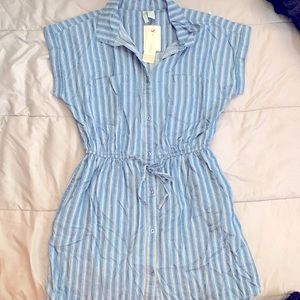 Blue and white striped, button-up, collared Japna dress.